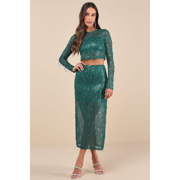 Lulus Dresses & Skirts - Lulus Greatest Sparkle Green Mesh Sequin Fringe Two-piece Midi Dress NWT